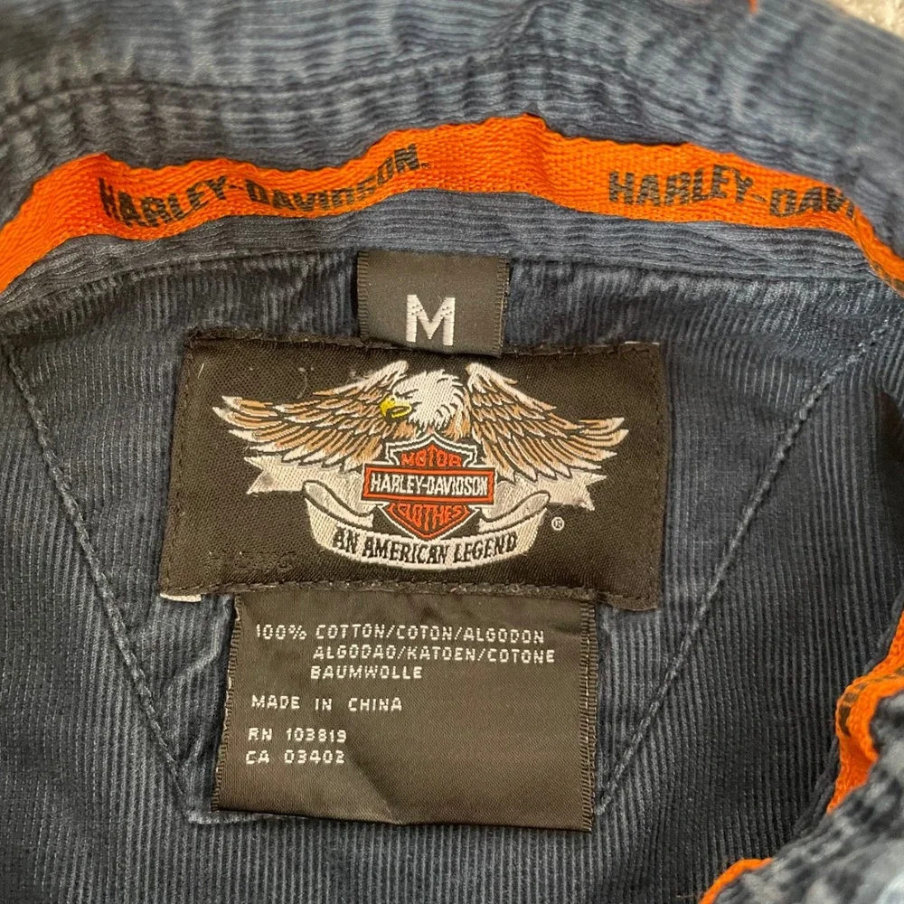 Harley Davidson Corduroy Shirt Mens Medium Work Shirt Patch Garage Button Down